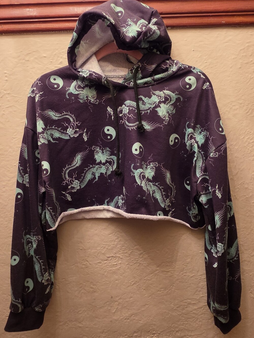 Y2K Dragon Yin Yang Cropped Hoodie Black Green Fairy Grunge Goth Size L XL
